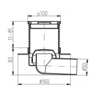Vpusť podlahová boční PVB 100 x 100 mm PR/DN 50 mm, bílá 0515